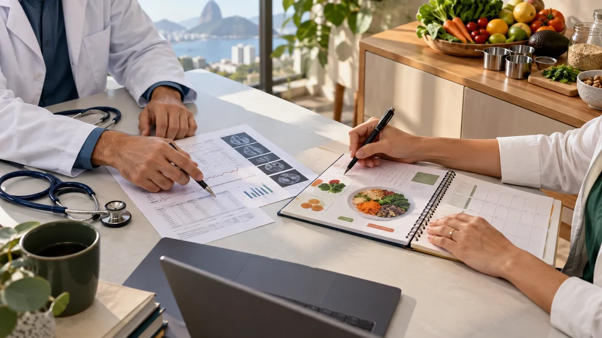Mãos de médico e nutricionista colaboram entre exames e planejamento alimentar, sem rostos visíveis