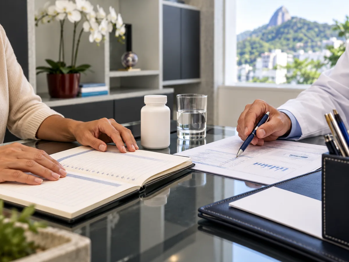 Mãos do médico e da paciente organizando o plano de cuidado integrativo