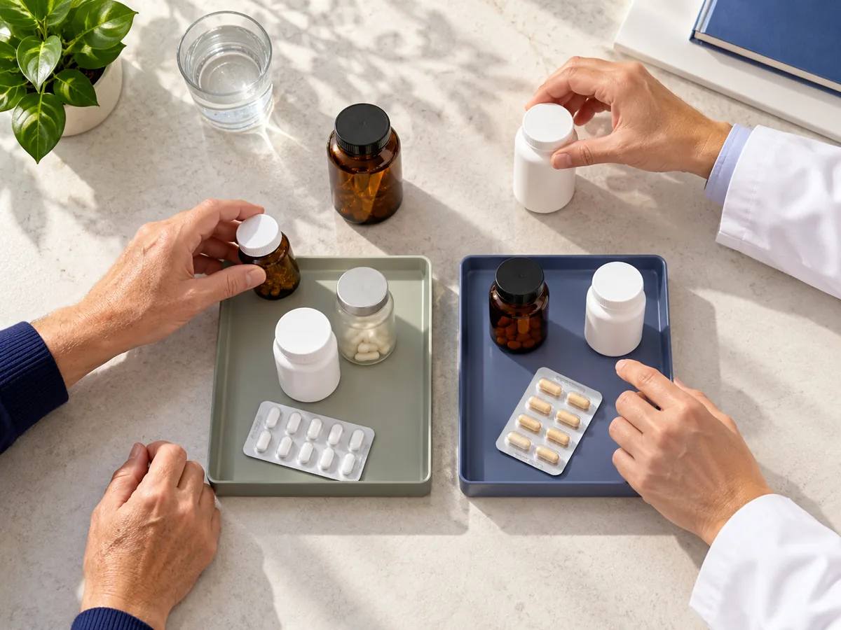 Mãos organizando frascos de remédios e suplementos para revisão clínica
