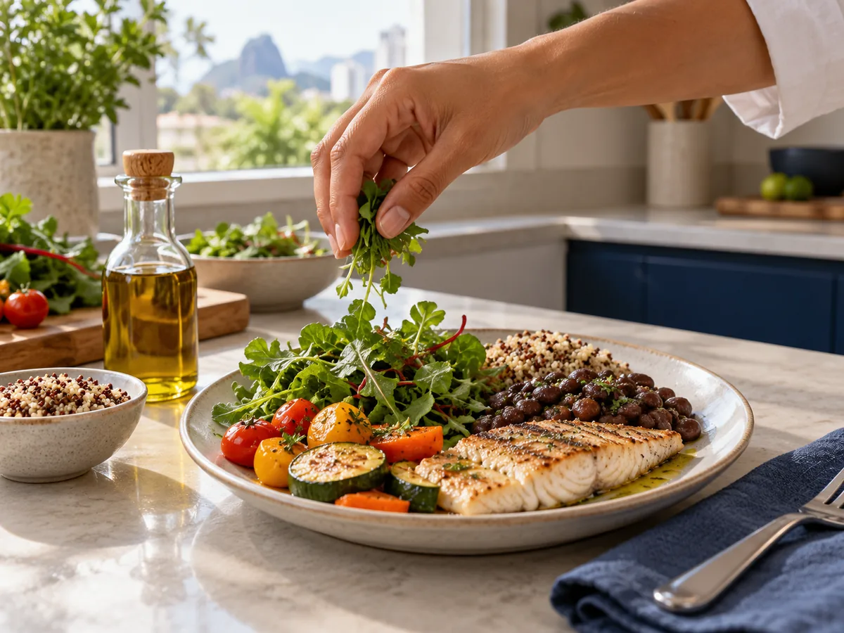 Refeição com vegetais, fibras, peixe e azeite preparada em bancada clara