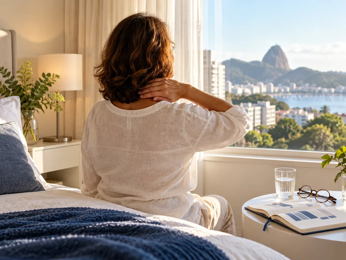 Mulher no climatério junto à janela com água e diário de sono
