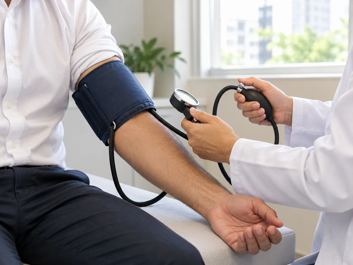 Medida da pressão arterial no braço de um paciente em sala de exame