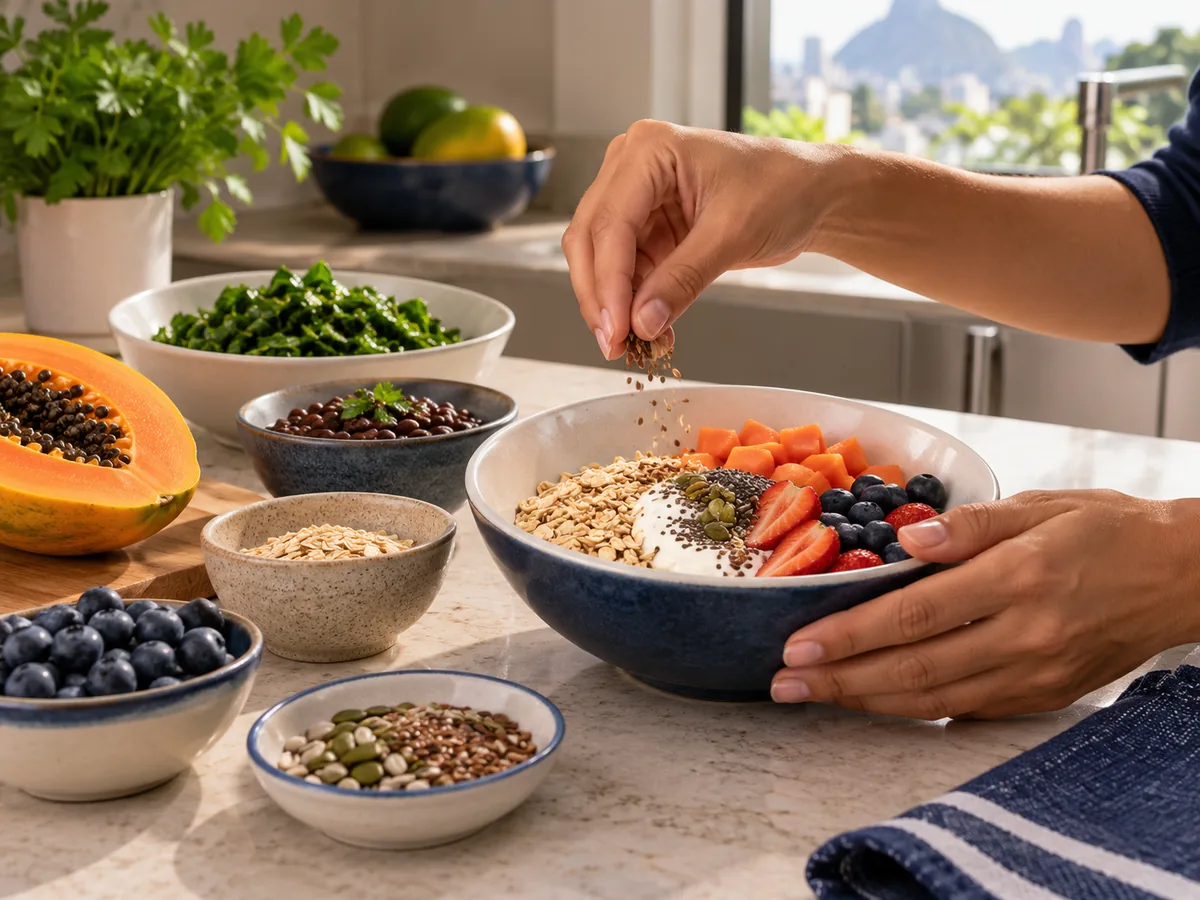 Mãos preparando uma refeição rica em fibras para apoiar a saúde intestinal