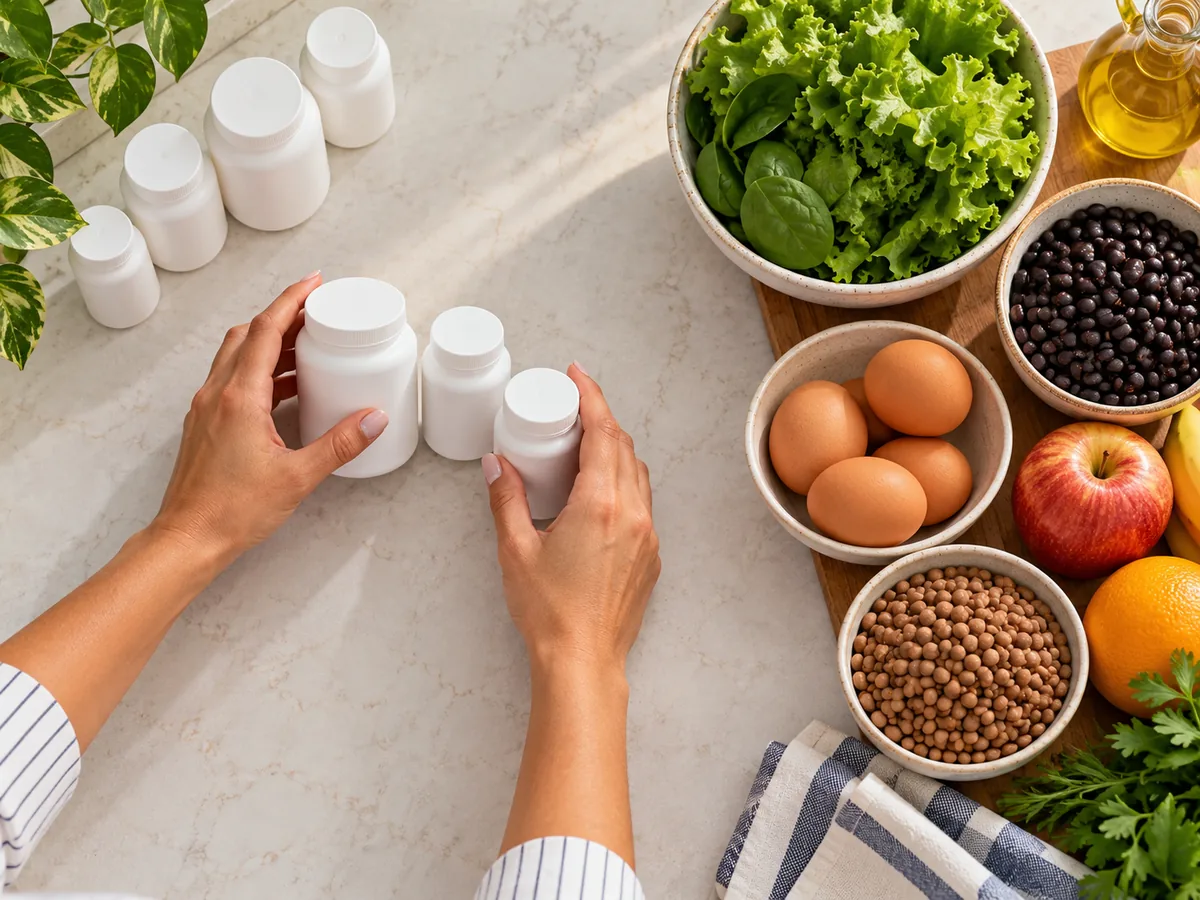 Mãos separando suplementos sem rótulo ao lado de alimentos naturais
