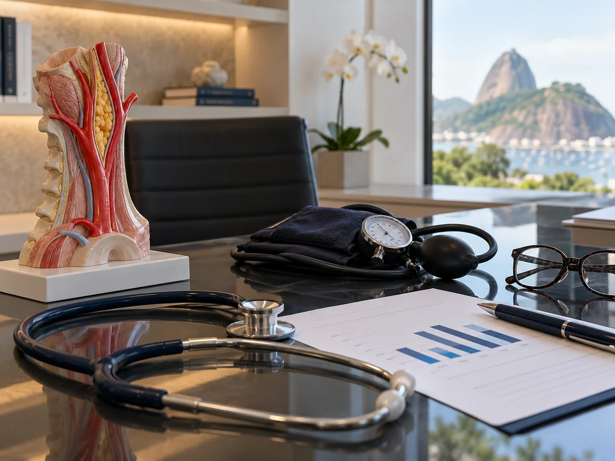 Dr. Rafael Higashi revisando pressão arterial e exames para prevenção de AVC