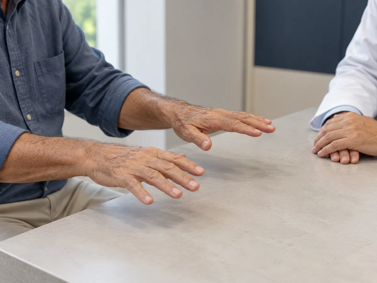 Paciente estendendo as mãos durante a avaliação de tremor