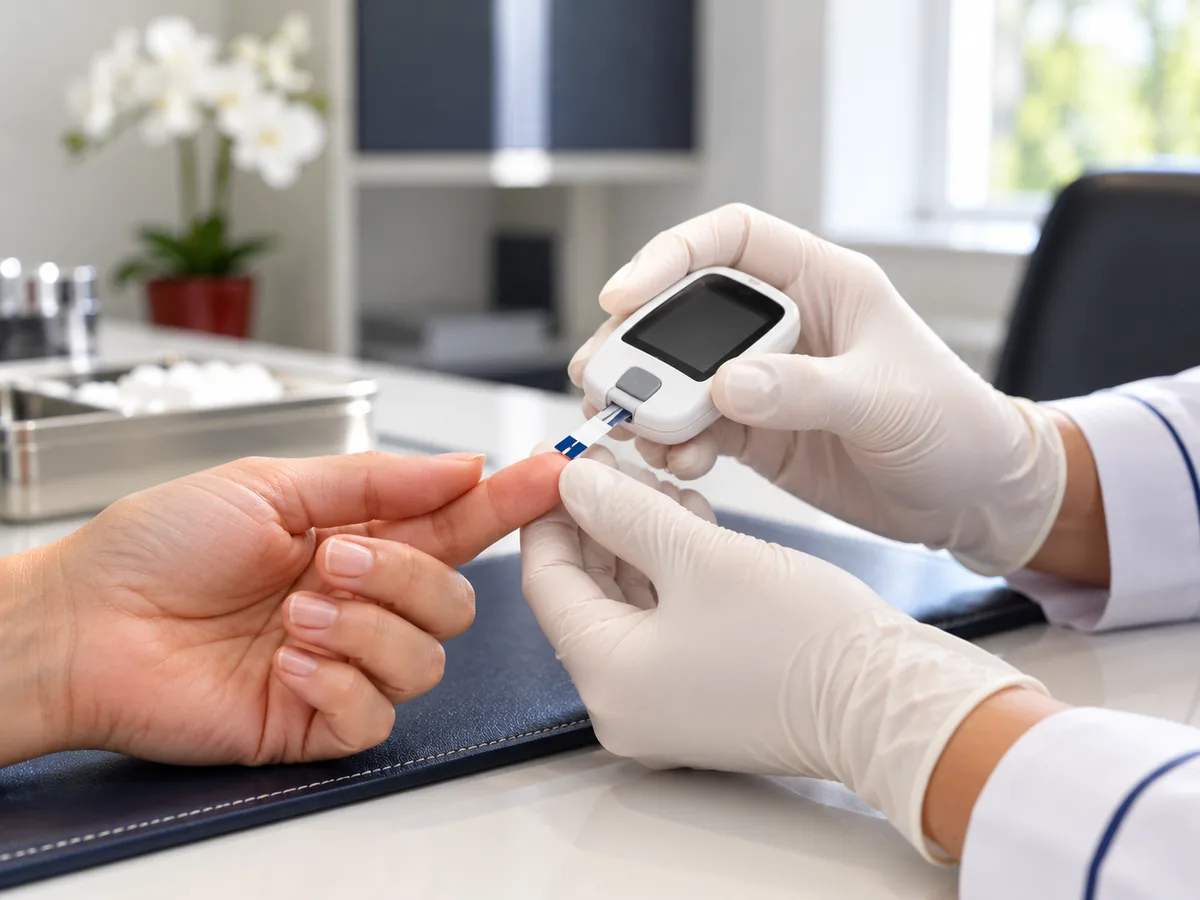 Teste de glicemia na ponta do dedo durante a consulta de nutrologia