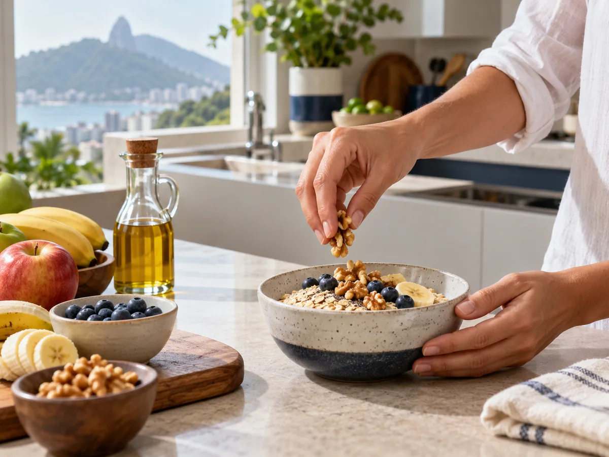 Alimentos ricos em fibras e gorduras boas preparados na cozinha